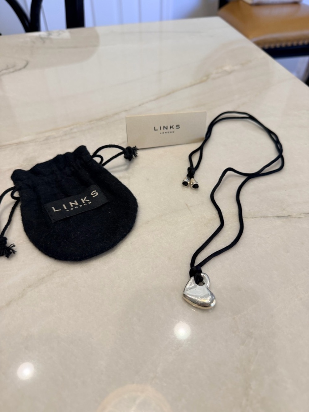 Links of London pure Silver Heart Pendant Black Cord Necklace
